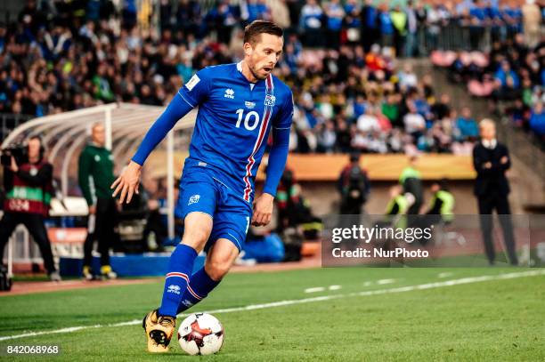 Iceland's Gylfi Sigurdsson during the FIFA World Cup 2018 Group I football qualification match between Finland and Iceland in Tampere, Finland, on...
