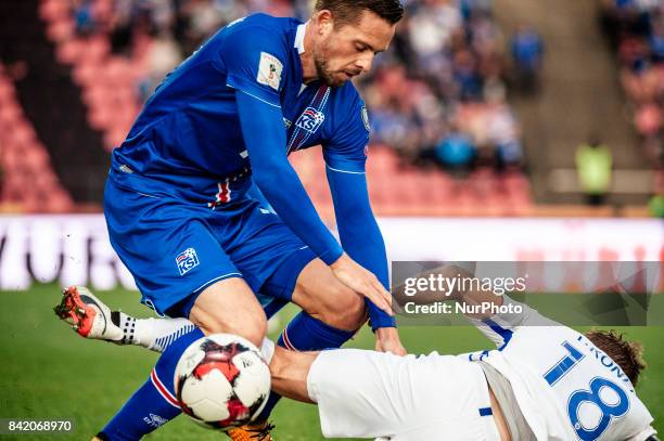 Finland's Jere Uronen and Iceland's Gylfi Sigurdsson during the FIFA World Cup 2018 Group I football qualification match between Finland and Iceland...