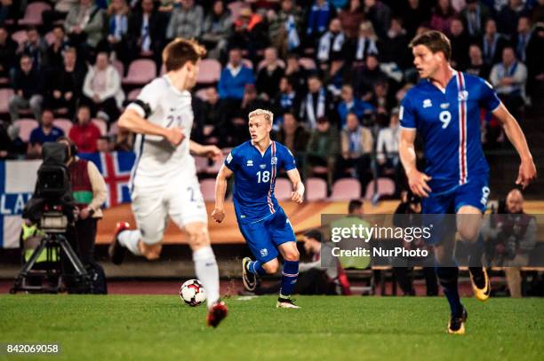 Iceland's Hordur Magnússon during the FIFA World Cup 2018 Group I football qualification match between Finland and Iceland in Tampere, Finland, on...