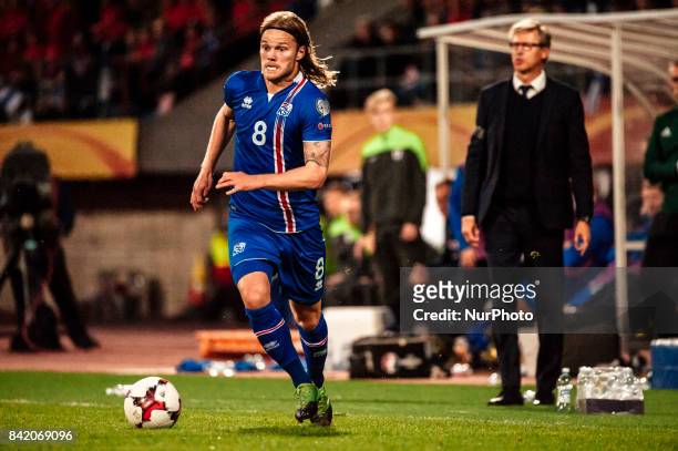 Iceland's Birkir Bjarnason during the FIFA World Cup 2018 Group I football qualification match between Finland and Iceland in Tampere, Finland, on...