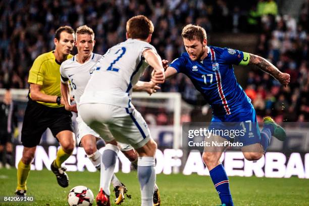Iceland's Aron Gunnarsson during the FIFA World Cup 2018 Group I football qualification match between Finland and Iceland in Tampere, Finland, on...