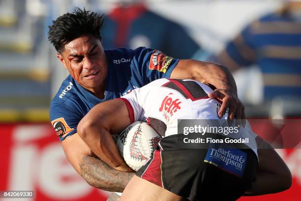 Malakai Fekitoa of Auckland makes a tackle during the round three Mitre 10 Cup match between North Harbour and Auckland on September 3, 2017 in...