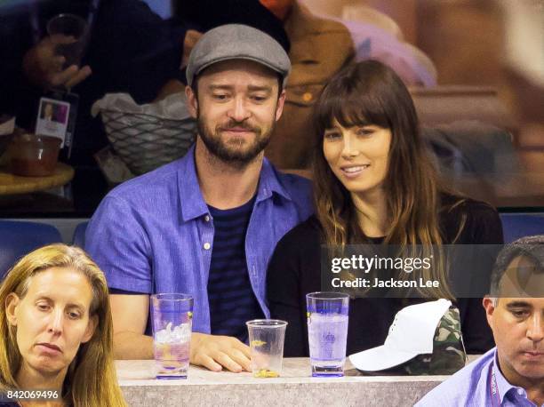 Justin Timberlake and Jessica Biel flirt with each other while cheering on the players Federer vs. Lopez at Arthur Ashe Stadium on September 2, 2017...