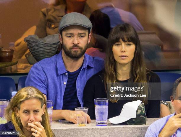 Justin Timberlake and Jessica Biel flirt with each other while cheering on the players Federer vs. Lopez at Arthur Ashe Stadium on September 2, 2017...