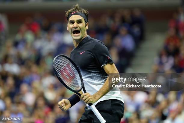 Roger Federer of Switzerland celebrates defeating Feliciano Lopez of Spain during their third round Men's Singles match on Day Six of the 2017 US...