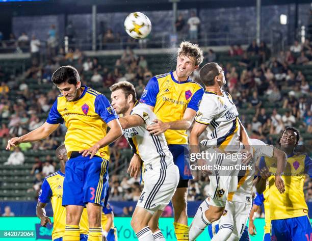 Axel Sjoberg of Colorado Rapids clears the ball during the Los Angeles Galaxy's MLS match against Colorado Rapids at the StubHub Center on September...