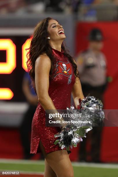 Tampa Bay Buccaneers cheerleader in action during the NFL Preseason game between the Washington Redskins and Tampa Bay Buccaneers on August 31 at...