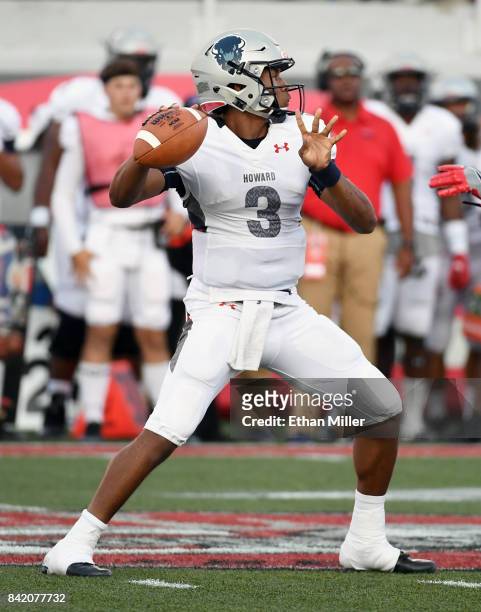 Quarterback Caylin Newton of the Howard Bison throws against the UNLV Rebels during their game at Sam Boyd Stadium on September 2, 2017 in Las Vegas,...