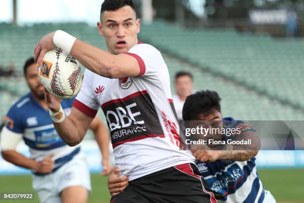 Shaun Stevenson of North Harbour looks to pass during the round three Mitre 10 Cup match between North Harbour and Auckland on September 3, 2017 in...