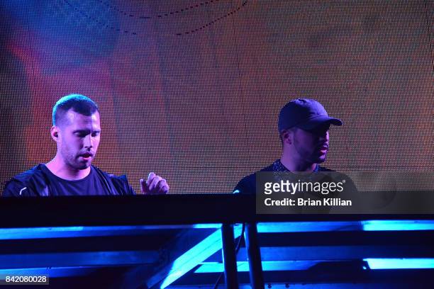 Derek Anderson and Scott Land of the DJ duo Slander perform at the Electric Zoo Music Festival - Day 2 - at Randall's Island on September 2, 2017 in...