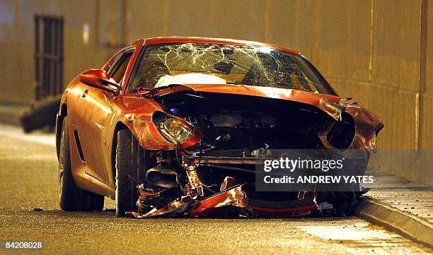 Crashed ferrari belonging to Manchester United's Cristiano Ronaldo is pictured in a tunnel near Manchester Airport in Manchester, northwest England,...
