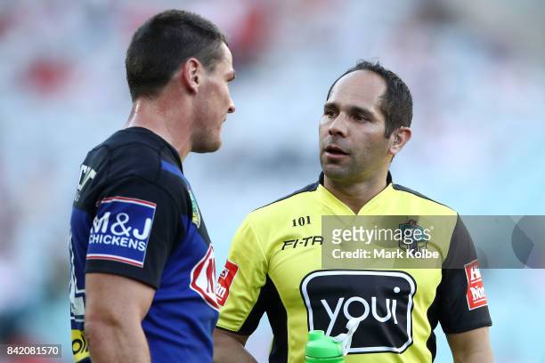 Josh Jackson of the Bulldogs speaks to referee Ashley Klein during the round 26 NRL match between the St George Illawarra Dragons and the Canterbury...