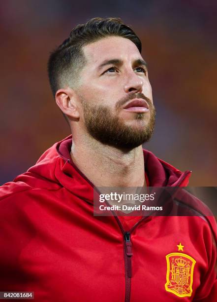 Sergio Ramos of Spain looks on prior to the FIFA 2018 World Cup Qualifier between Spain and Italy at Estadio Santiago Bernabeu on September 2, 2017...