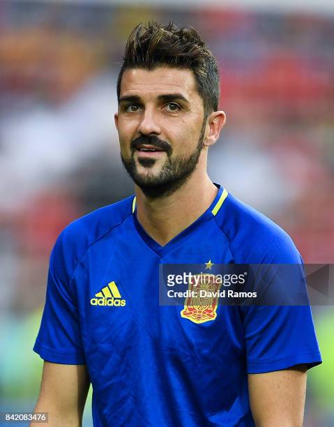 David Villa of Spain looks on prior to the FIFA 2018 World Cup Qualifier between Spain and Italy at Estadio Santiago Bernabeu on September 2, 2017 in...