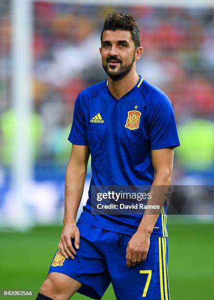 David Villa of Spain looks on prior to the FIFA 2018 World Cup Qualifier between Spain and Italy at Estadio Santiago Bernabeu on September 2, 2017 in...