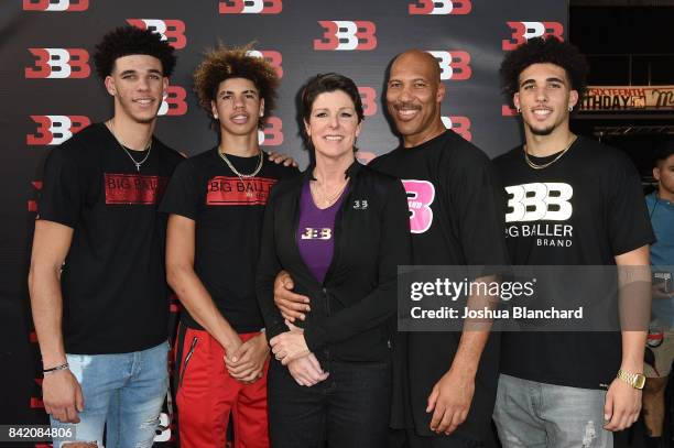 Lonzo Ball, LaMelo Ball, Tina Ball, LaVar Ball and LiAngelo Ball attend Melo Ball's 16th Birthday on September 2, 2017 in Chino, California.