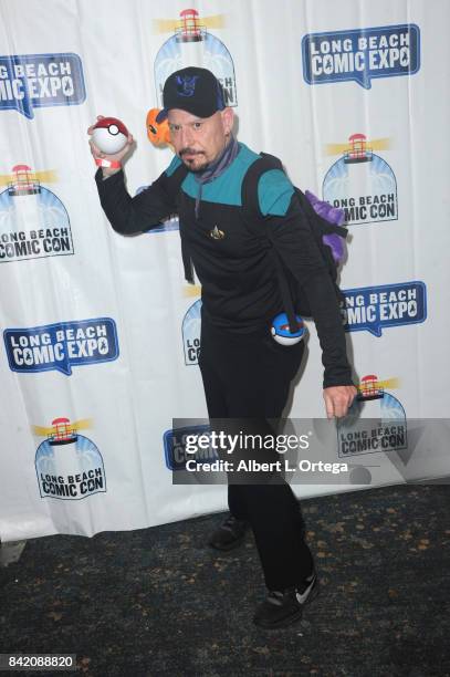 Cosplayer Jim Cartwright dressed as a mashup Starfleet Pokemon trainer attends the 2017 Long Beach Comic Con held at the Long Beach Convention Center...