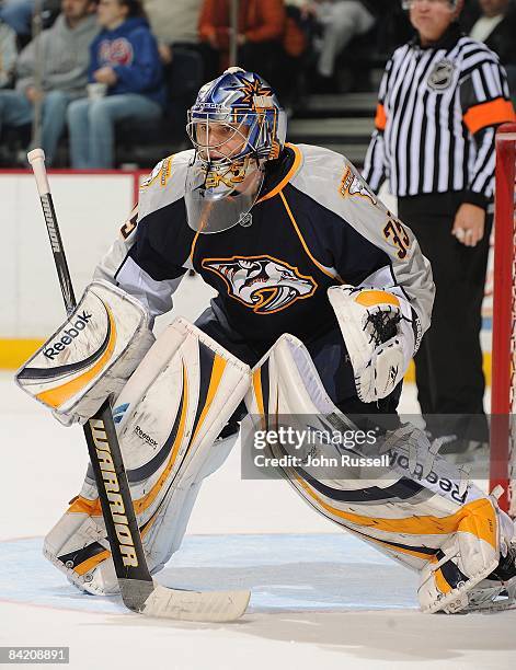 Pekka Rinne of the Nashville Predators minds the net against the Colorado Avalanche on January 6, 2009 at the Sommet Center in Nashville, Tennessee.