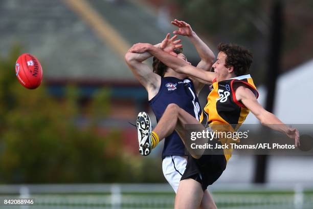 William Hamill of the Dandenong Stingrays and Lachlan Noble of the Geelong Falcons compete for the ball during the TAC Cup round 18 match between...