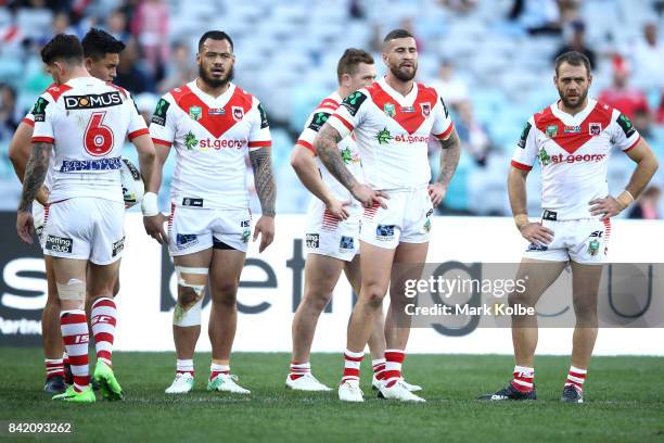 The Dragons team look dejected after a Bulldogs try during the round 26 NRL match between the St George Illawarra Dragons and the Canterbury Bulldogs...