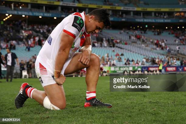 Tim Lafai of the Dragons looks dejected after defeat during the round 26 NRL match between the St George Illawarra Dragons and the Canterbury...