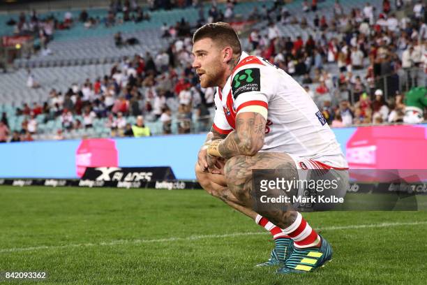 Josh Dugan of the Dragons looks dejected after defeat during the round 26 NRL match between the St George Illawarra Dragons and the Canterbury...