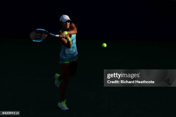 Arina Rodionova of Australia in action against Martina Hingis of Switzerland and Yung-Jan Chan of Chinese Taipei on Day Five of the 2017 US Open at...