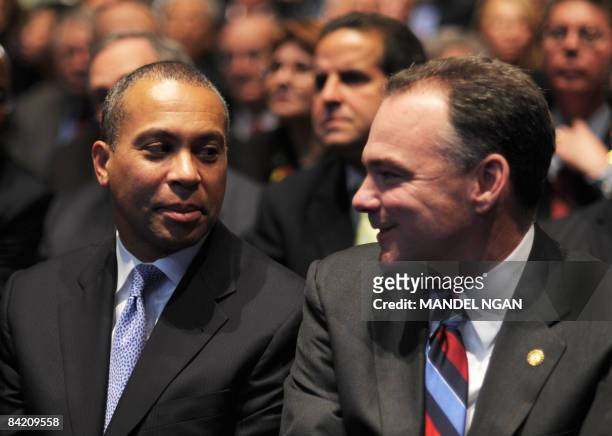 Virginia Governor Tim Kaine chats with Massachusetts Governor Deval Patrick ahead of an economy speech by US President-elect Barack Obama on January...