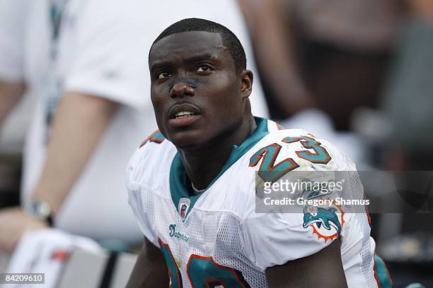 Ronnie Brown of the Miami Dolphins looks on during a AFC Wild Card playoff game against the Baltimore Ravens on January 4, 2009 at Dolphin Stadium in...