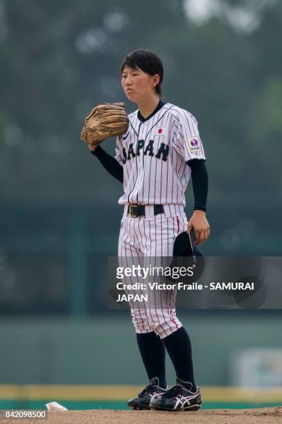 Tsuru Asaka of Japan pitches during the BFA Women's Baseball Asian Cup match between Japan and Chinese Taipei at Sai Tso Wan Recreation Ground on...