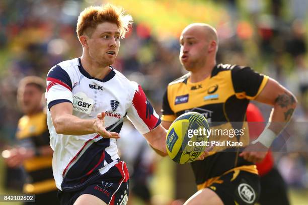 Nic Stirzaker of the Rising passes the ball during the round one NRC match between Perth Spirit and Melbourne Rising at McGillivray Oval on September...