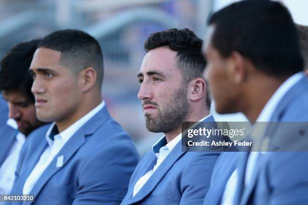 Brock Lamb of the Knights sits on the bench during the round 26 NRL match between the Newcastle Knights and the Cronulla Sharks at McDonald Jones...