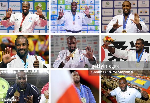 Combination made with file pictures on September 3, 2017 in Paris, shows French judoka Teddy Riner celebrating after each of his nine world titles....