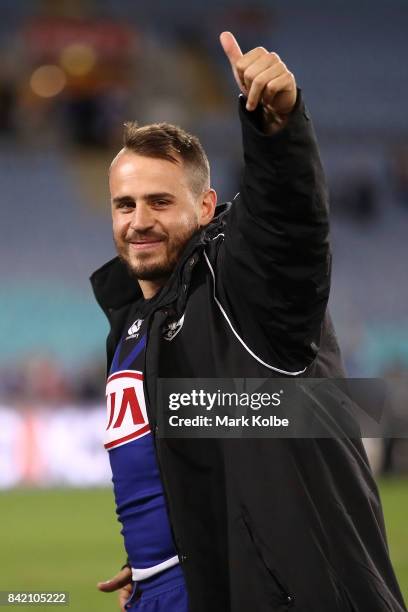Josh Reynolds of the Bulldogs waves to the crowd during the round 26 NRL match between the St George Illawarra Dragons and the Canterbury Bulldogs at...