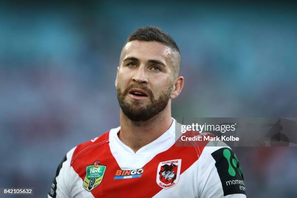 Joel Thompson of the Dragons looks dejected after a Bulldogs try during the round 26 NRL match between the St George Illawarra Dragons and the...