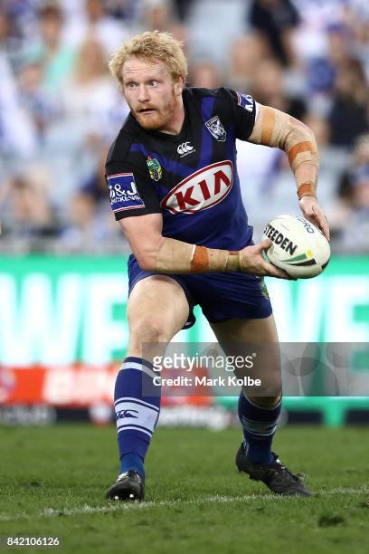 James Graham of the Bulldogs passes during the round 26 NRL match between the St George Illawarra Dragons and the Canterbury Bulldogs at ANZ Stadium...