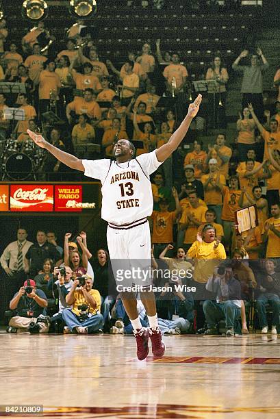 Arizona State James Harden victorious on court during game vs Brigham Young. Glendale, AZ CREDIT: Jason Wise