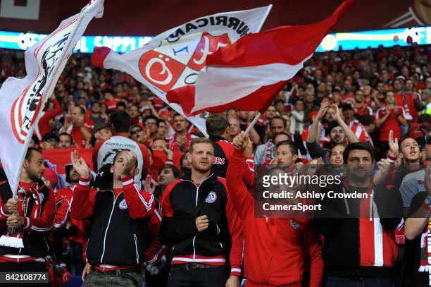 Austria fans during the game during the FIFA 2018 World Cup Qualifier between Wales and Austria at Cardiff City Stadium on September 2, 2017 in...