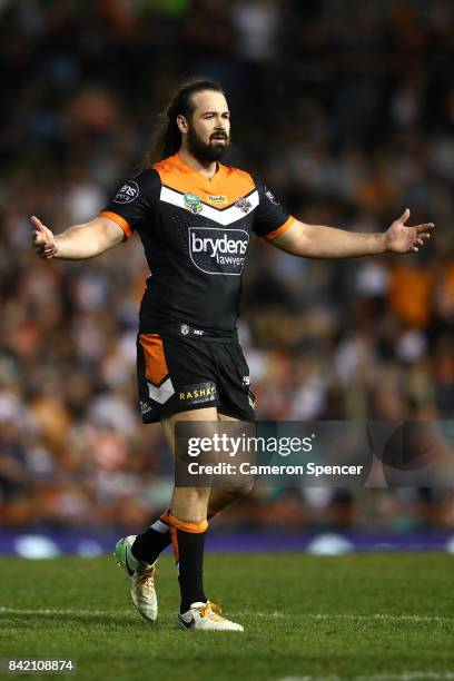 Aaron Woods of the Tigers reacts during the round 26 NRL match between the Wests Tigers and the New Zealand Warriors at Leichhardt Oval on September...