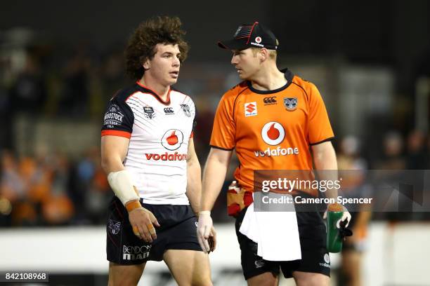 Charlie Gubb of the Warriors leaves the field during the round 26 NRL match between the Wests Tigers and the New Zealand Warriors at Leichhardt Oval...