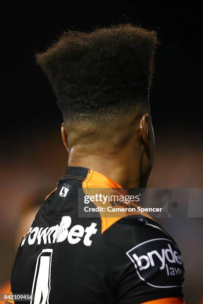 Kevin Naiqama of the Tigers looks on during the round 26 NRL match between the Wests Tigers and the New Zealand Warriors at Leichhardt Oval on...