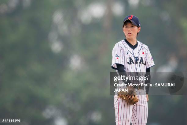 Tsuru Asaka of Japan pitches during the BFA Women's Baseball Asian Cup match between Japan and Chinese Taipei at Sai Tso Wan Recreation Ground on...