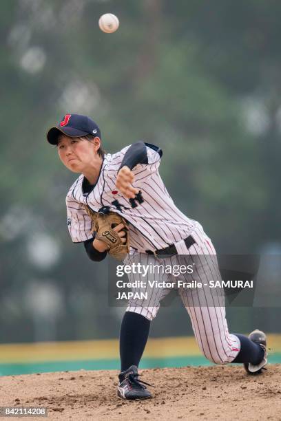 Tsuru Asaka of Japan pitches during the BFA Women's Baseball Asian Cup match between Japan and Chinese Taipei at Sai Tso Wan Recreation Ground on...