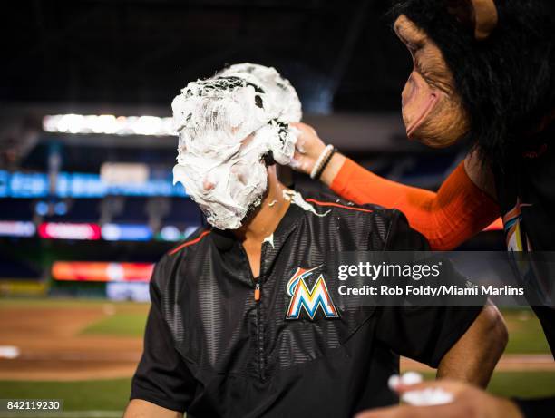 Mike Aviles of the Miami Marlins after the game against the San Francisco Giants at Marlins Park on August 16, 2017 in Miami, Florida.