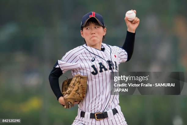 Tsuru Asaka of Japan pitches during the BFA Women's Baseball Asian Cup match between Japan and Chinese Taipei at Sai Tso Wan Recreation Ground on...