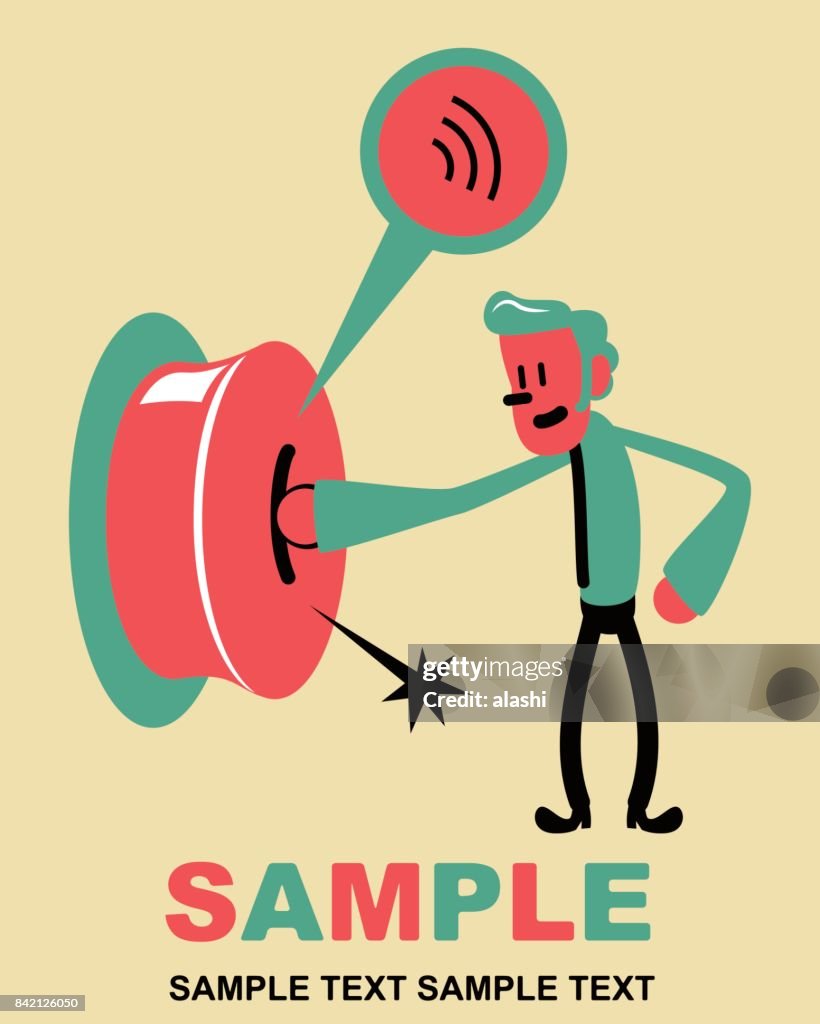 Businessman pushing a large call button (service bell ) by one hand