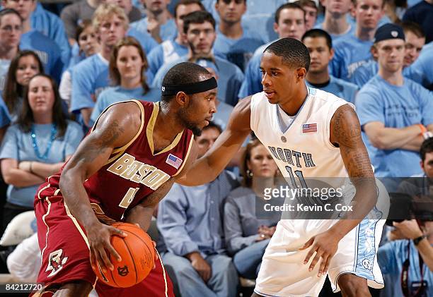 Tyrese Rice of the Boston College Eagles looks to make a play to the basket against Larry Drew of the North Carolina Tar Heels during their game on...