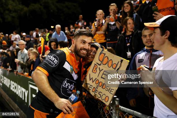 James Tedesco of the Tigers farewells fans following the round 26 NRL match between the Wests Tigers and the New Zealand Warriors at Leichhardt Oval...