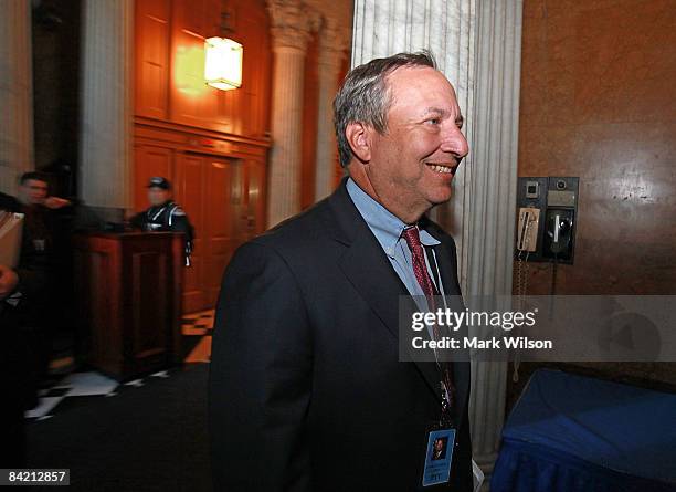 Larry Summers arrives at a closed door meeting at the U.S. Capitol January 8, 2009 in Washington, DC. Summers briefed Senator's on the president...