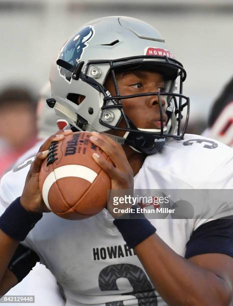 Quarterback Caylin Newton of the Howard Bison looks to throw against the UNLV Rebels during their game at Sam Boyd Stadium on September 2, 2017 in...
